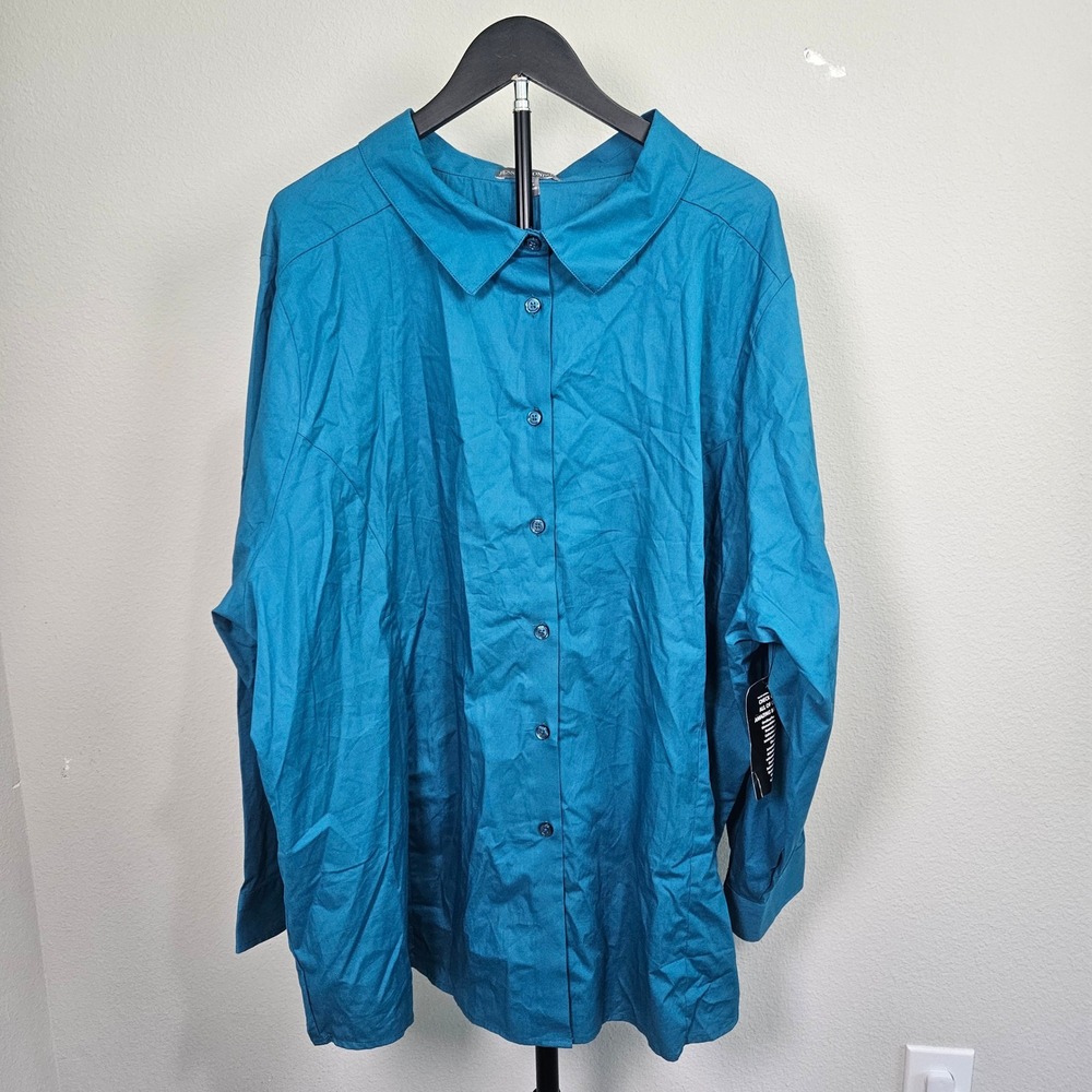 Jessica London Button Down Shirt Womens 34W Teal Blue Long Sleeve Classic Office